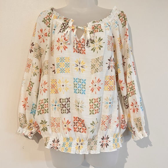Cato Tops - Floral Blouse Sz L Cottagecore Sheer Lightweight Boho 3/4 Balloon Sleeve Ruffle